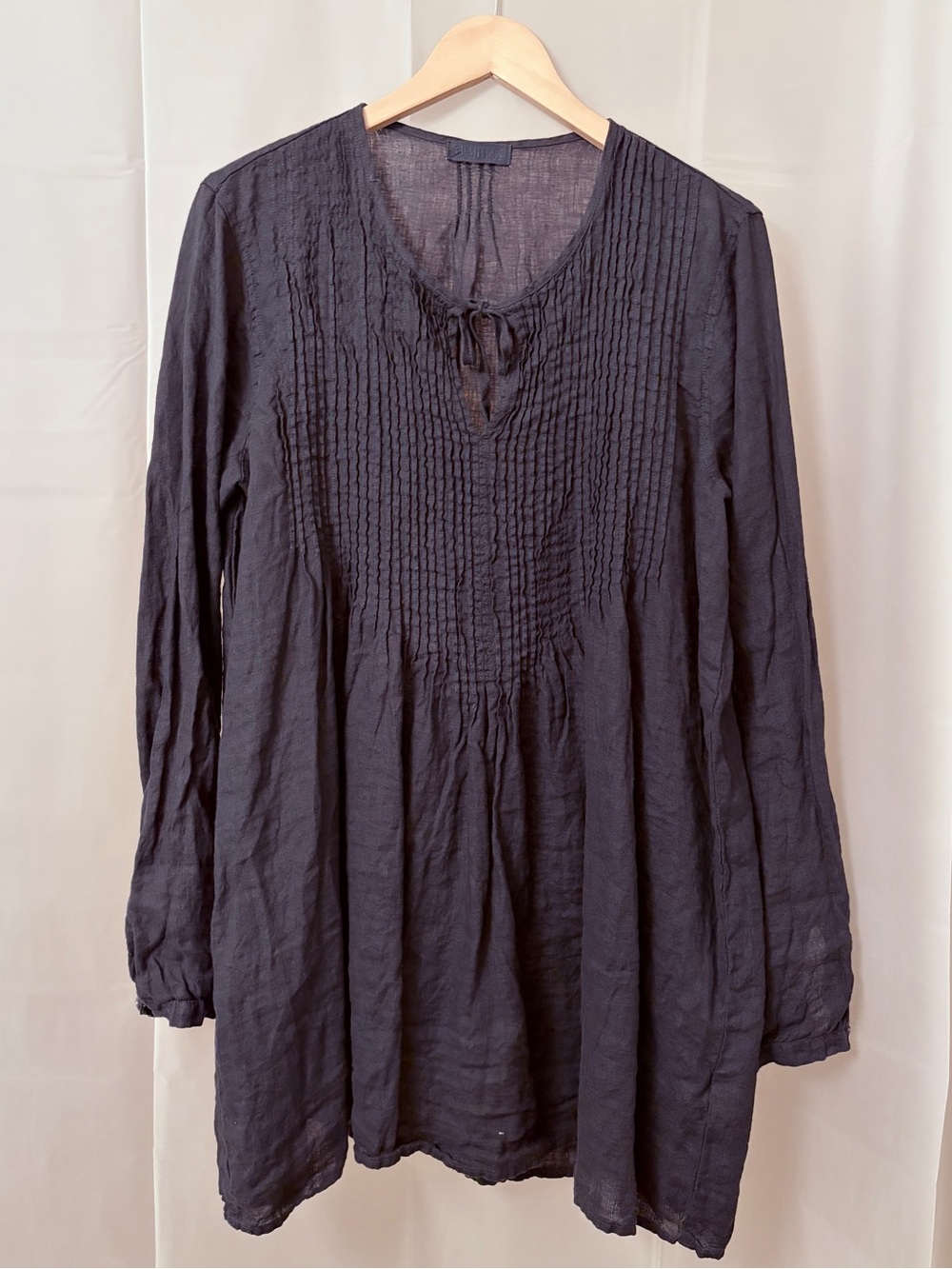 CP Shades Linen Ink Navy Pintuck Boho Long Sleeve Peasant Tunic Top L